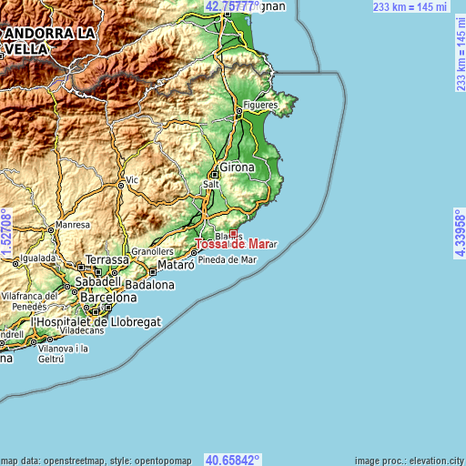 Topographic map of Tossa de Mar