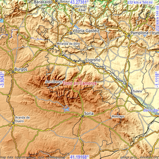 Topographic map of Torre en Cameros