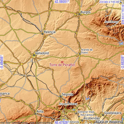 Topographic map of Torre de Peñafiel