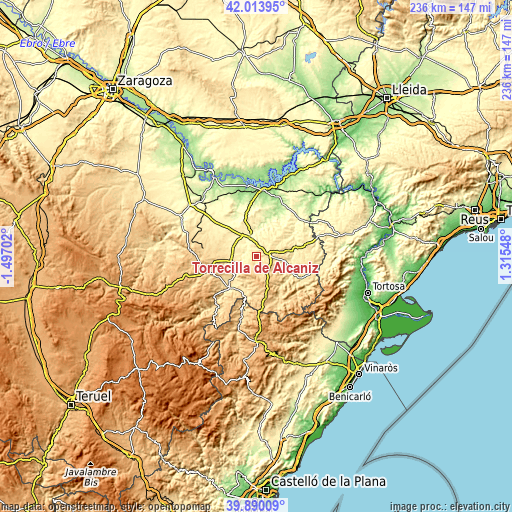 Topographic map of Torrecilla de Alcañiz