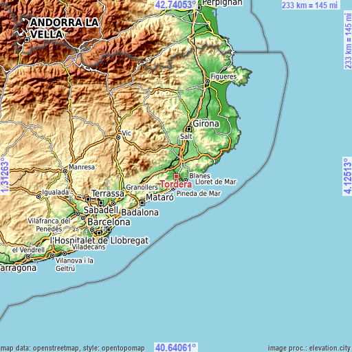 Topographic map of Tordera