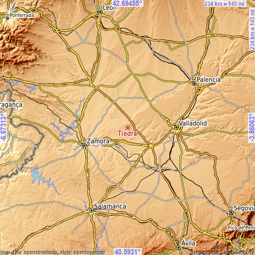 Topographic map of Tiedra