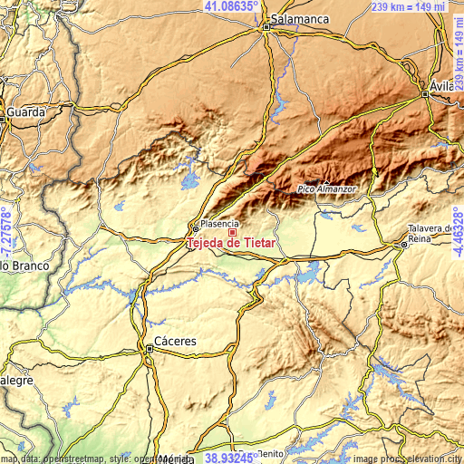 Topographic map of Tejeda de Tiétar