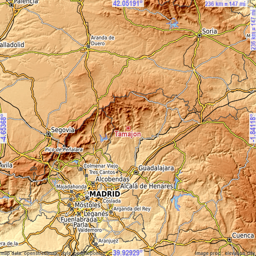 Topographic map of Tamajón