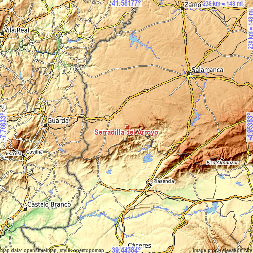 Topographic map of Serradilla del Arroyo