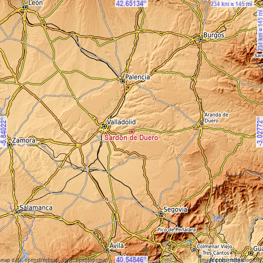 Topographic map of Sardón de Duero