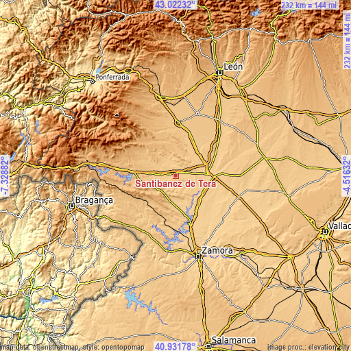 Topographic map of Santibáñez de Tera