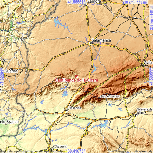 Topographic map of Santibáñez de la Sierra