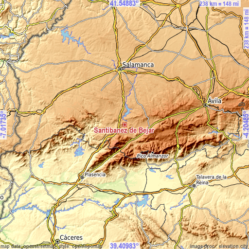 Topographic map of Santibáñez de Béjar