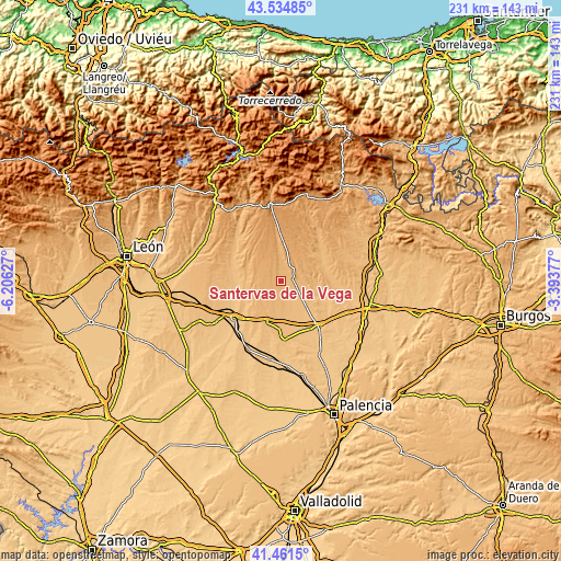 Topographic map of Santervás de la Vega