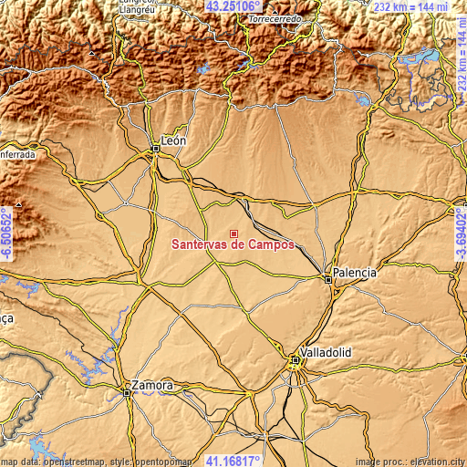 Topographic map of Santervás de Campos