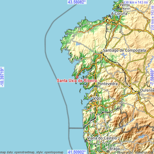 Topographic map of Santa Uxía de Ribeira