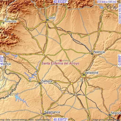 Topographic map of Santa Eufemia del Arroyo