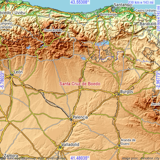 Topographic map of Santa Cruz de Boedo