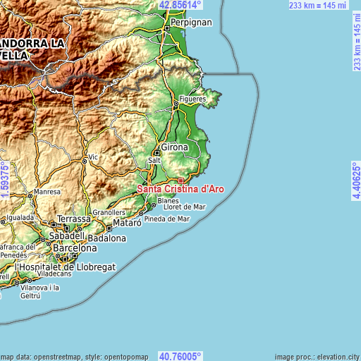 Topographic map of Santa Cristina d'Aro