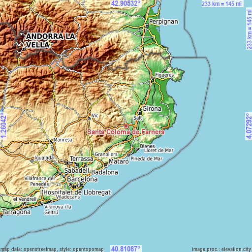 Topographic map of Santa Coloma de Farners