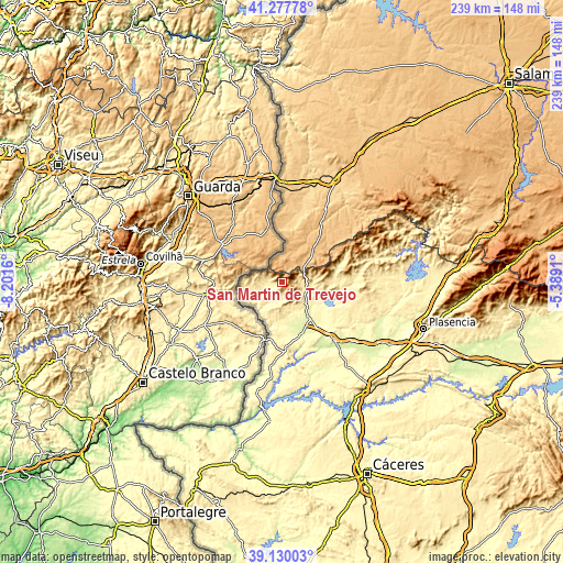 Topographic map of San Martín de Trevejo