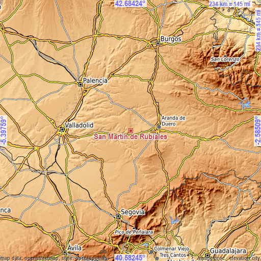 Topographic map of San Martín de Rubiales