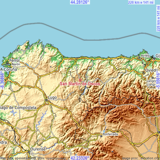 Topographic map of San Martín de Oscos