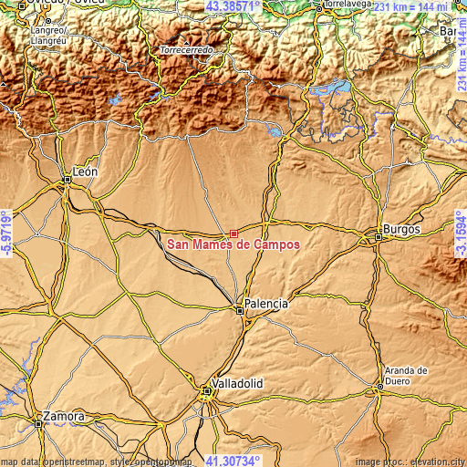 Topographic map of San Mamés de Campos