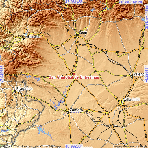 Topographic map of San Cristóbal de Entreviñas