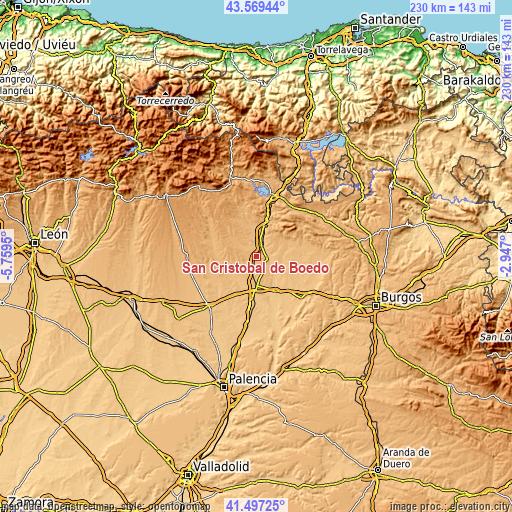 Topographic map of San Cristóbal de Boedo