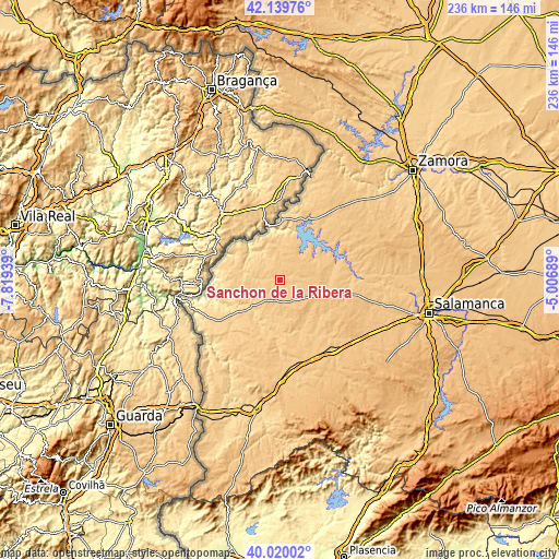 Topographic map of Sanchón de la Ribera