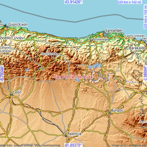 Topographic map of San Cebrián de Mudá