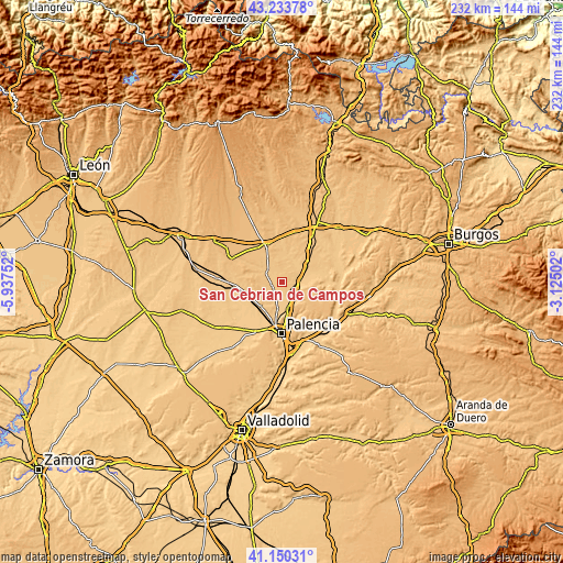 Topographic map of San Cebrián de Campos