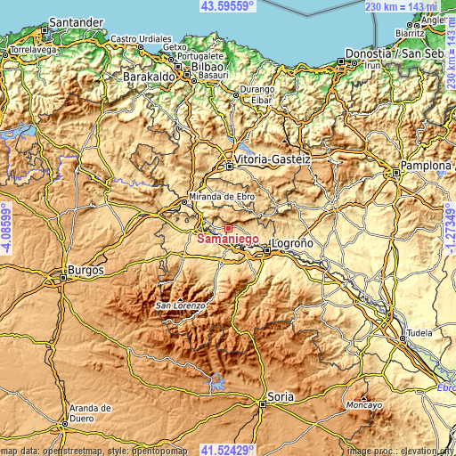 Topographic map of Samaniego