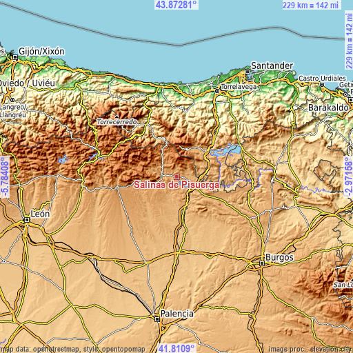 Topographic map of Salinas de Pisuerga