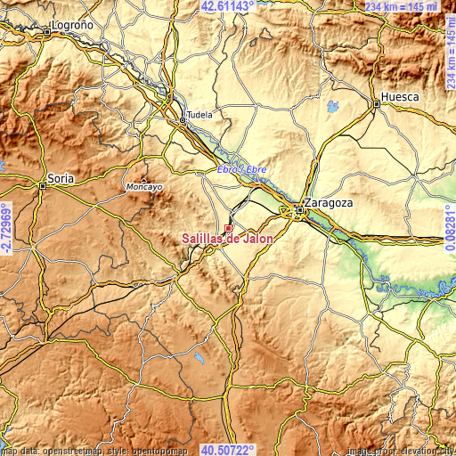 Topographic map of Salillas de Jalón