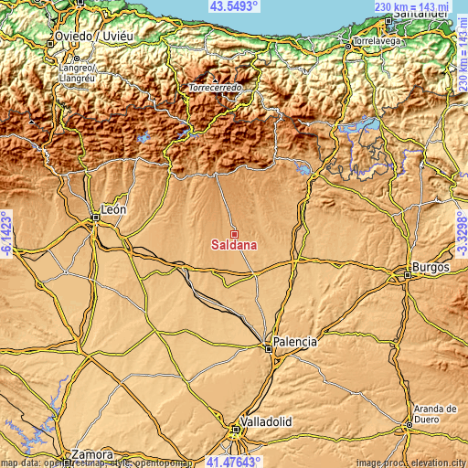 Topographic map of Saldaña