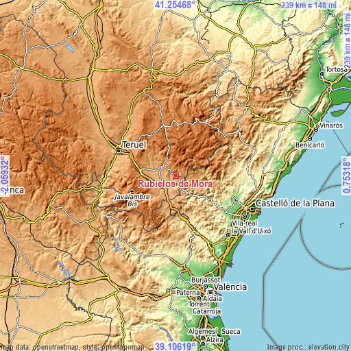 Topographic map of Rubielos de Mora