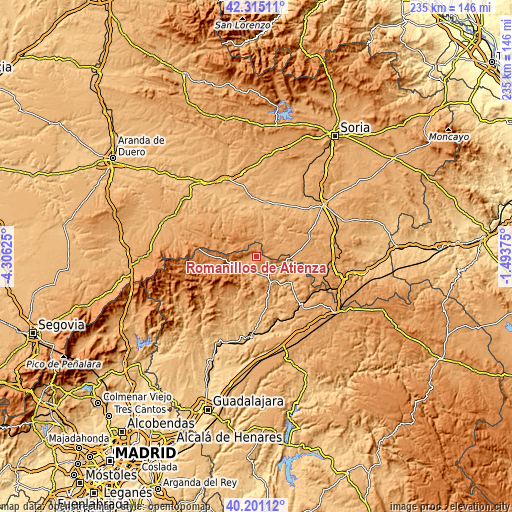 Topographic map of Romanillos de Atienza