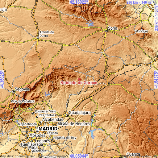 Topographic map of Robledo de Corpes