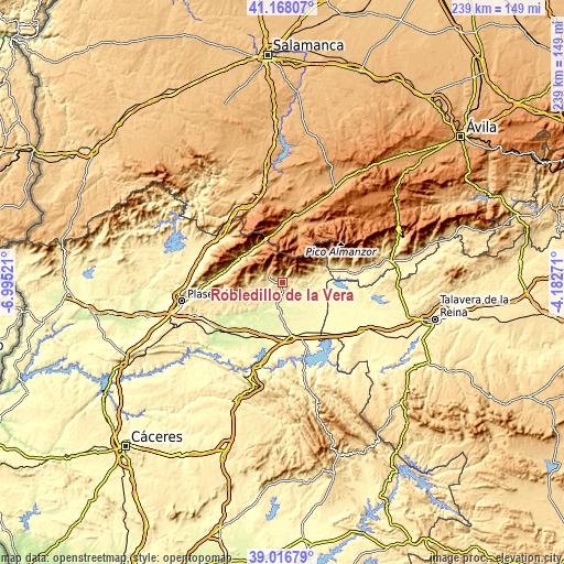 Topographic map of Robledillo de la Vera