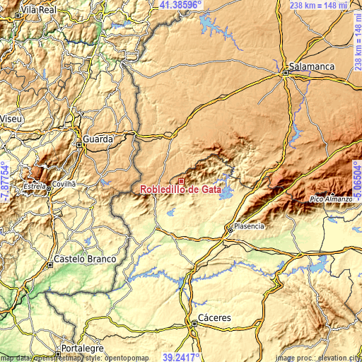 Topographic map of Robledillo de Gata