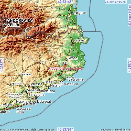 Topographic map of Riudellots de la Selva