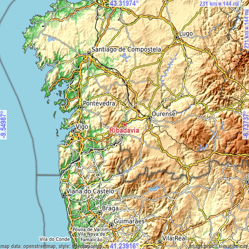 Topographic map of Ribadavia