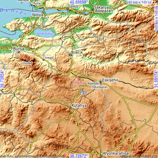 Topographic map of İnönü