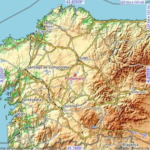 Topographic map of Portomarín