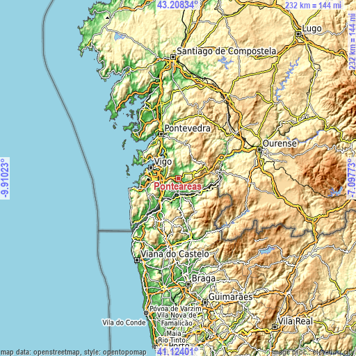 Topographic map of Ponteareas