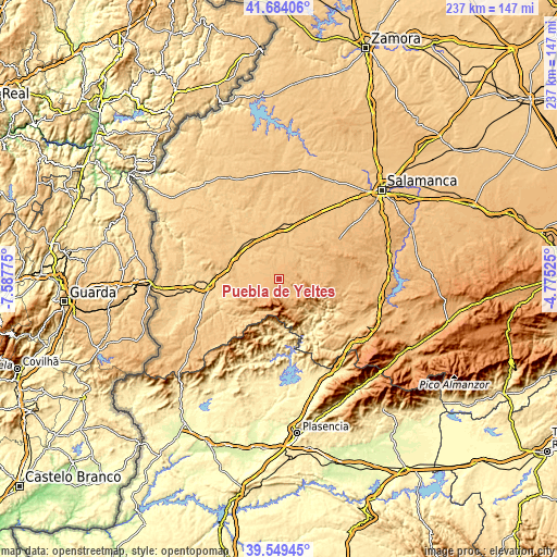 Topographic map of Puebla de Yeltes