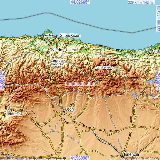 Topographic map of Puebla de Lillo