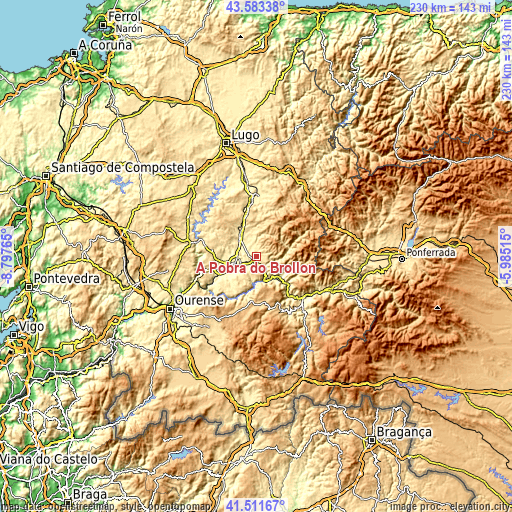 Topographic map of A Pobra do Brollon