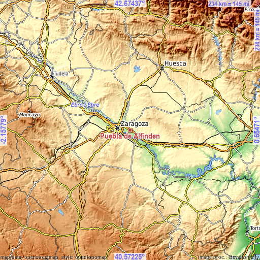 Topographic map of Puebla de Alfindén