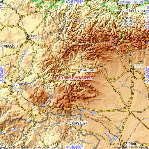 Topographic map of Priaranza del Bierzo
