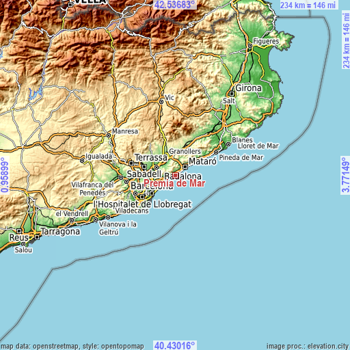 Topographic map of Premià de Mar