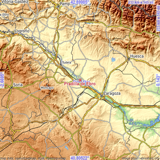 Topographic map of Pradilla de Ebro